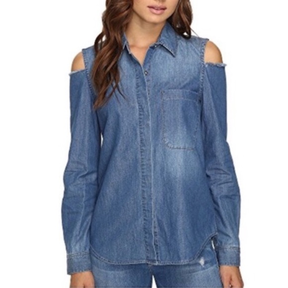 7 For All Mankind Open Cold Shoulder Blue Denim Jean Women’s Button Down Shirt M - Picture 1 of 5